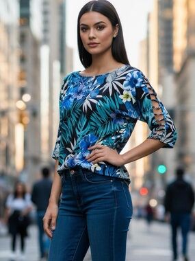 PerSeption Concept Beautiful Vibrant Tropical Blouse Size L